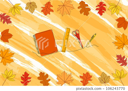 School supplies are drawn in one line on a background with autumn leaves. Back to school. Vector illustration. School supplies are drawn in one line on a background with autumn leaves. Back to school. Vector illustration. 106243770