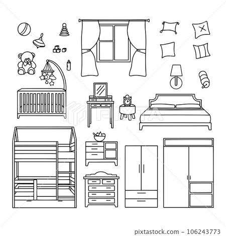 Vector set of hand drawn and isolated doodles of furniture and decorative elements. Sketches for use in design 106243773