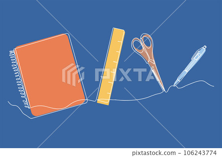 School supplies drawn in one line on a blue background. Back to school. Vector illustration School supplies drawn in one line on a blue background. Back to school. Vector illustration 106243774