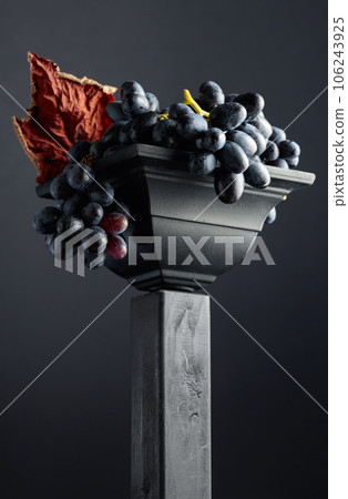 Close-up of blue grapes with dried-up vine leaves. 106243925