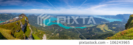 view from the top of Mount Schafberg over the landscape with mountains and Lake Mondsee and Lake Attersee, Alps, Austria 106243965
