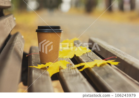 coffee cup and yellow leaves on a bench in an autumn park, autumn season concept coffee cup and yellow leaves on a bench in an autumn park, autumn season concept 106243979