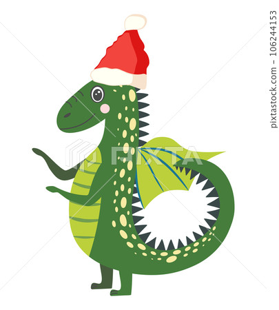 Year of the Dragon 2024, Chinese calendar. Cute green christmas dragon in santa hat 106244153