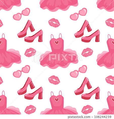 Cute pink seamless pattern with Barbiecore wardrobe clothes, shoes, dress, glasses. Print for girls. Vector Cute pink seamless pattern with Barbiecore wardrobe clothes, shoes, dress, glasses. Print for girls. Vector 106244239