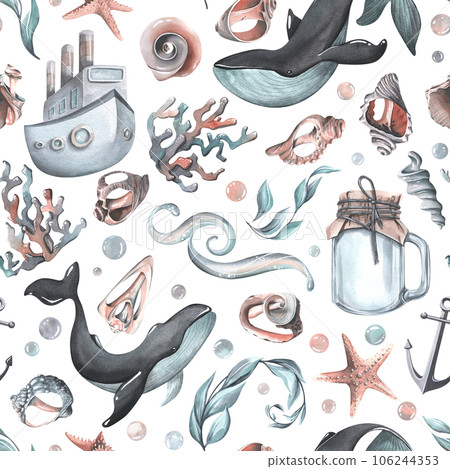 Nautical seamless pattern with whales, shells and a steamer. Watercolor illustration, hand drawn. Seamless pattern on white background. 106244353