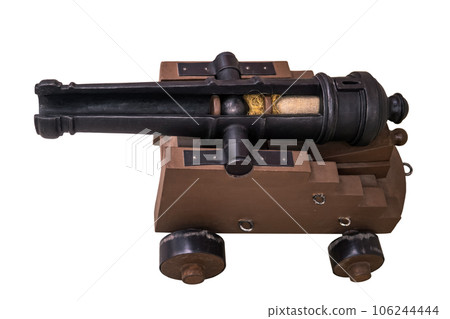 cross-section of an old cast-iron cannon, you can see the charge device, isolated on a white background cross-section of an old cast-iron cannon, you can see the charge device, isolated on a white background 106244444