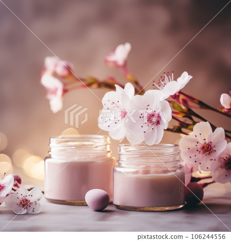 Moisturizing cream and almond blooms front view close up 106244556