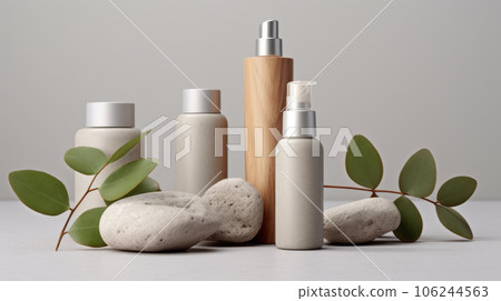 Set of natural cosmetic on a stone among the leaves. 106244563