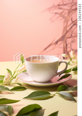 A cup of tea and flowers on pink background A cup of tea and flowers on pink background 106244583