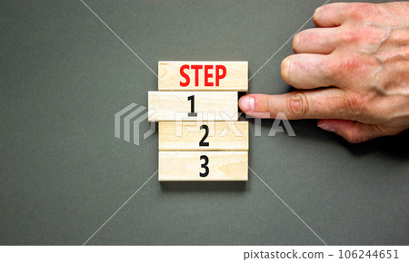 Time to step 1 symbol. Concept word Step 1 2 3 on wooden block. Businessman hand. Beautiful grey table grey background. Business planning and time to step 1 concept. Copy space. 106244651