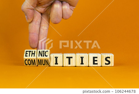 Ethnicities or communities symbol. Concept words Ethnicities and Communities on wooden cubes. Beautiful orange background. Businessman hand. Business ethnicities or communities concept. Copy space. Ethnicities or communities symbol. Concept words Ethnicities and Communities on wooden cubes. Beautiful orange background. Businessman hand. Business ethnicities or communities concept. Copy space. 106244678