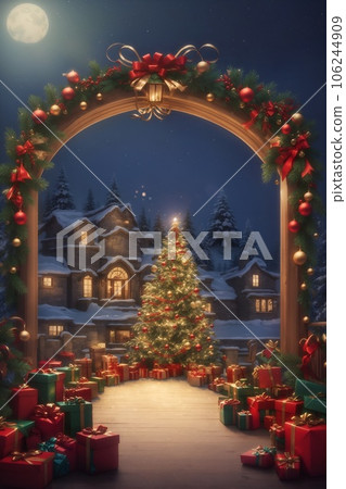 Nighttime Christmas Tree with House and Baubles 106244909