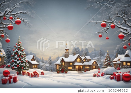Nighttime Christmas Tree with House and Baubles Nighttime Christmas Tree with House and Baubles 106244912