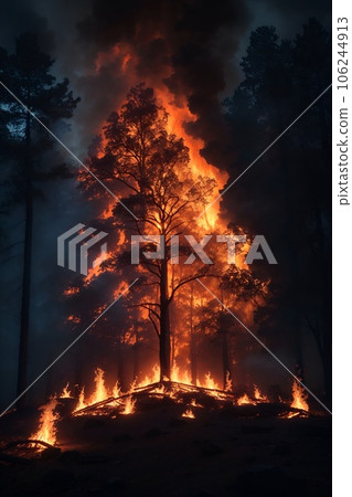 The forest is on fire. Forest fires and a lot of smoke resulted in burned trees. The forest is on fire. Forest fires and a lot of smoke resulted in burned trees. 106244913