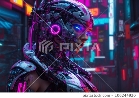 An artificial intelligence cyborg woman in a futuristic cyberpunk neon city 106244920