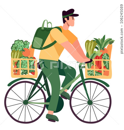 Grocery acquisition, Courier on bike delivers fresh vegetables and fruits from a supermarket. Green logistics. Ecological fast delivery home and office. Vector illustration Grocery acquisition, Courier on bike delivers fresh vegetables and fruits from a supermarket. Green logistics. Ecological fast delivery home and office. Vector illustration 106245089