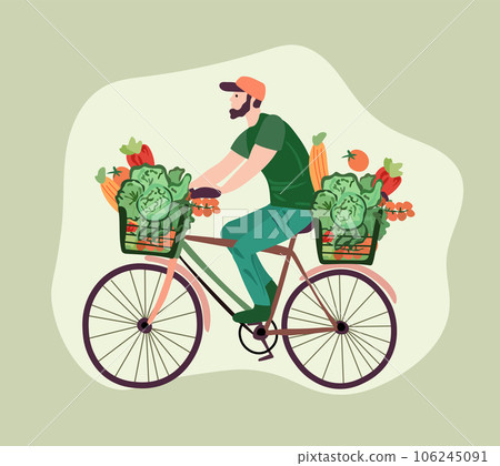 Grocery acquisition, Courier on bike delivers fresh vegetables and fruits from a supermarket. Green logistics. Ecological fast delivery home and office. Vector illustration Grocery acquisition, Courier on bike delivers fresh vegetables and fruits from a supermarket. Green logistics. Ecological fast delivery home and office. Vector illustration 106245091