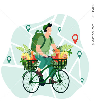 Online order, Courier on bike delivers fresh vegetables and fruits from a virtual grocery market. Ecological fast delivery home and office. Online order tracking. Vector illustration 106245092