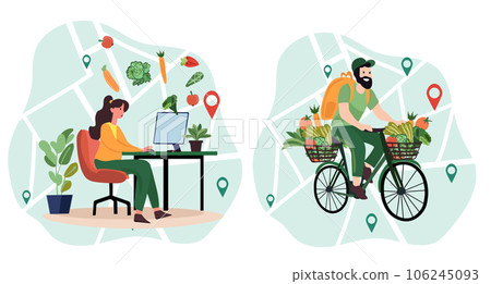 Online order, Courier on bike delivers fresh vegetables and fruits from a virtual grocery market. Ecological fast delivery home and office. Online order tracking. Vector illustration 106245093