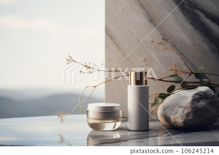 Skin care cream bottles beauty mockup on dry grass marble stone background. Generative AI 106245214