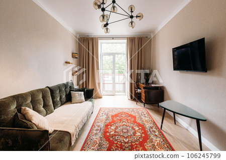 Modern Bright Living Room In Scandinavian Stylish. Bright Red Carpet On Floor. Family Apartment. Idea For Home Design. Light Colors Of Design. Stylish Apartment Interior Of Modern Living Room In 106245799