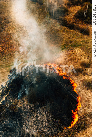 Aerial View Of Dry Grass Burns During Drought And Hot Weather. Natural Disaster. Concept Of Save Nature. Bush Fire And Smoke In Meadow Field. Wild Open Fire Destroys Grass. Nature In Danger Aerial View Of Dry Grass Burns During Drought And Hot Weather. Natural Disaster. Concept Of Save Nature. Bush Fire And Smoke In Meadow Field. Wild Open Fire Destroys Grass. Nature In Danger 106245813