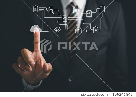 A banner of abstract cloud icons highlights the concept of cloud computing. The businessman's finger points to the digital solution for a connected business network. Document data netword A banner of abstract cloud icons highlights the concept of cloud computing. The businessman's finger points to the digital solution for a connected business network. Document data netword 106245845