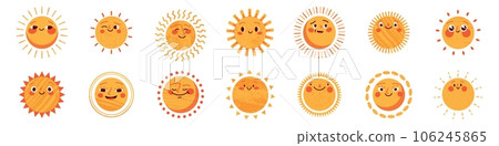 Sun character in cute style, face with a sticker. Sunshine with a smile for kids, doodled in a happy and fun way. Flat vector illustrations isolated in background. 106245865