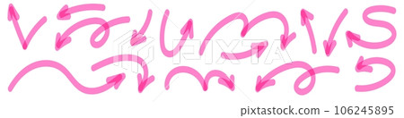 Hand drawn pink arrows with spirals and curves. Brush and markers doodle elements, pointing up. Flat vector illustration isolated on white background. Hand drawn pink arrows with spirals and curves. Brush and markers doodle elements, pointing up. Flat vector illustration isolated on white background. 106245895