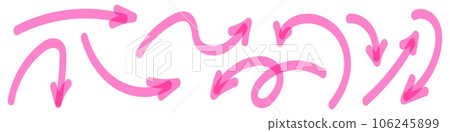 Hand drawn pink arrows with spirals and curves. Brush and markers doodle elements, pointing up. Flat vector illustration isolated on white background. 106245899