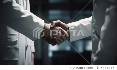 Handshake of two men in white coats, indoor in dark interior 106245947