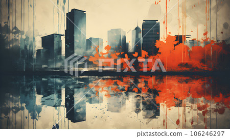 abstract painting of a city with skyscrapers and a tram - generative AI 106246297