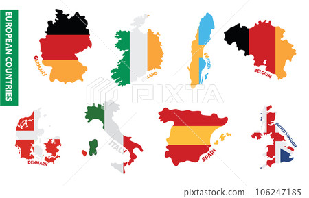 Set of colored european country maps with its flags Vector 106247185
