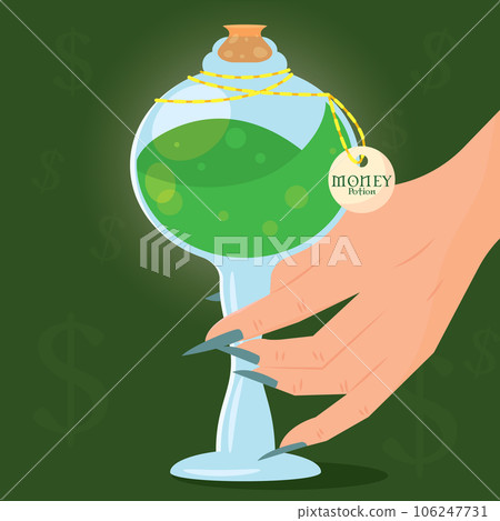 Hand holding a magical money potion elixir Vector 106247731