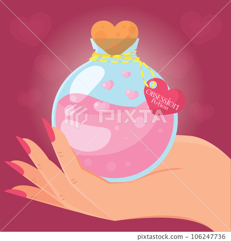 Hand holding a magical love potion elixir Vector 106247736