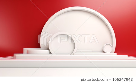 Abstract minimalistic red and white scene with geometric shapes. 3D visualization AI 106247948