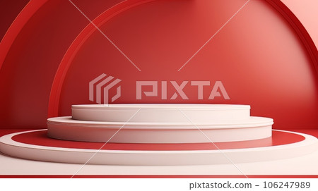 Abstract minimalistic red and white scene with geometric shapes. 3D visualization AI 106247989