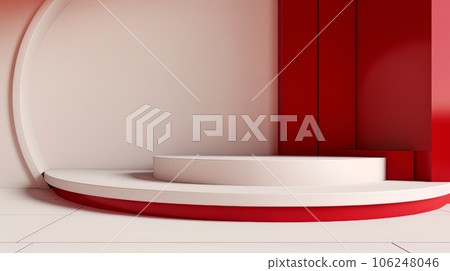 Abstract minimalistic red and white scene with geometric shapes. 3D visualization AI Abstract minimalistic red and white scene with geometric shapes. 3D visualization AI 106248046
