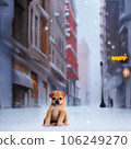 Snowy night cityscape and puppy 106249270