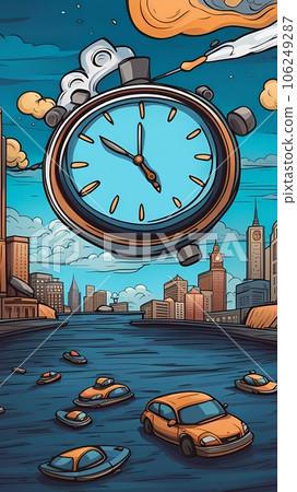 Clock flying above the river and yellow cabs are floating on the river surrealism painting Clock flying above the river and yellow cabs are floating on the river surrealism painting 106249287