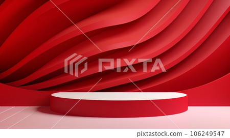 Abstract minimalistic red and white scene with geometric shapes. 3D visualization AI 106249547