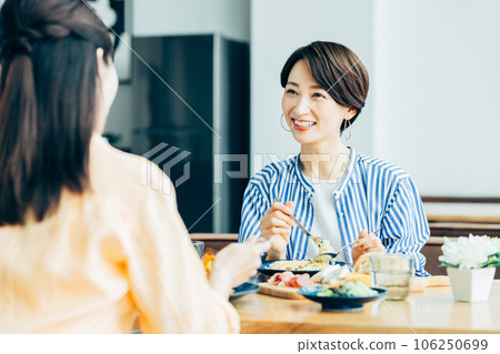 Middle-aged woman having lunch with a friend Middle-aged woman having lunch with a friend 106250699