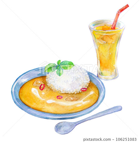 黃油雞咖哩和芒果拉西設置水彩插圖 106251083