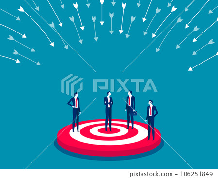 Business people standing on target with many bows falling Business people standing on target with many bows falling 106251849