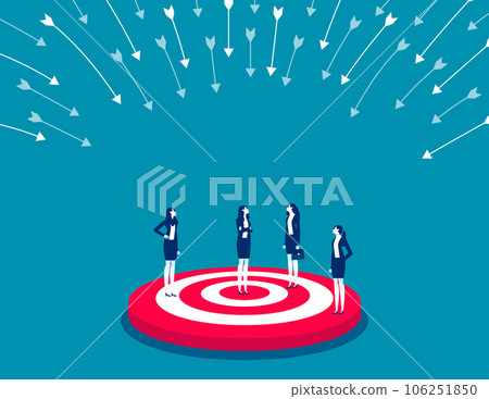 Business people standing on target with many bows falling Business people standing on target with many bows falling 106251850