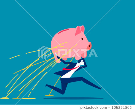 Businessman with piggy bank leaked. Business disappearing bank deposits Businessman with piggy bank leaked. Business disappearing bank deposits 106251865