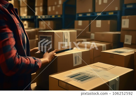 Man while working in a postal service warehouse - male hands with a cardboard box close-up. 106252592