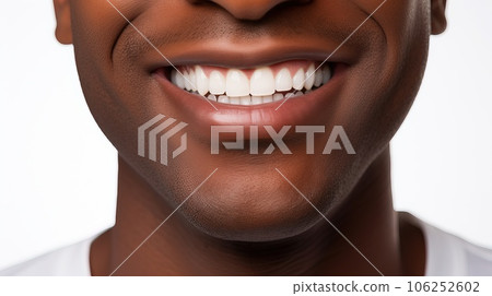Happily smiling African American young man with perfectly white even teeth. Smiling mouth close up. 106252602