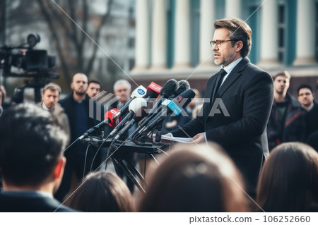 Politician makes impossible promises during a press conference. Politician makes impossible promises during a press conference. 106252660