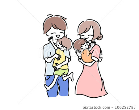 Illustration of mom and dad holding baby and brother 106252783